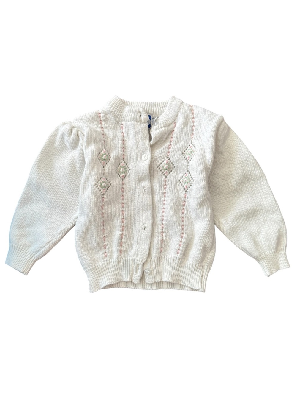 Carriage Boutique White Knit Baby Sweater with Pink Floral Design